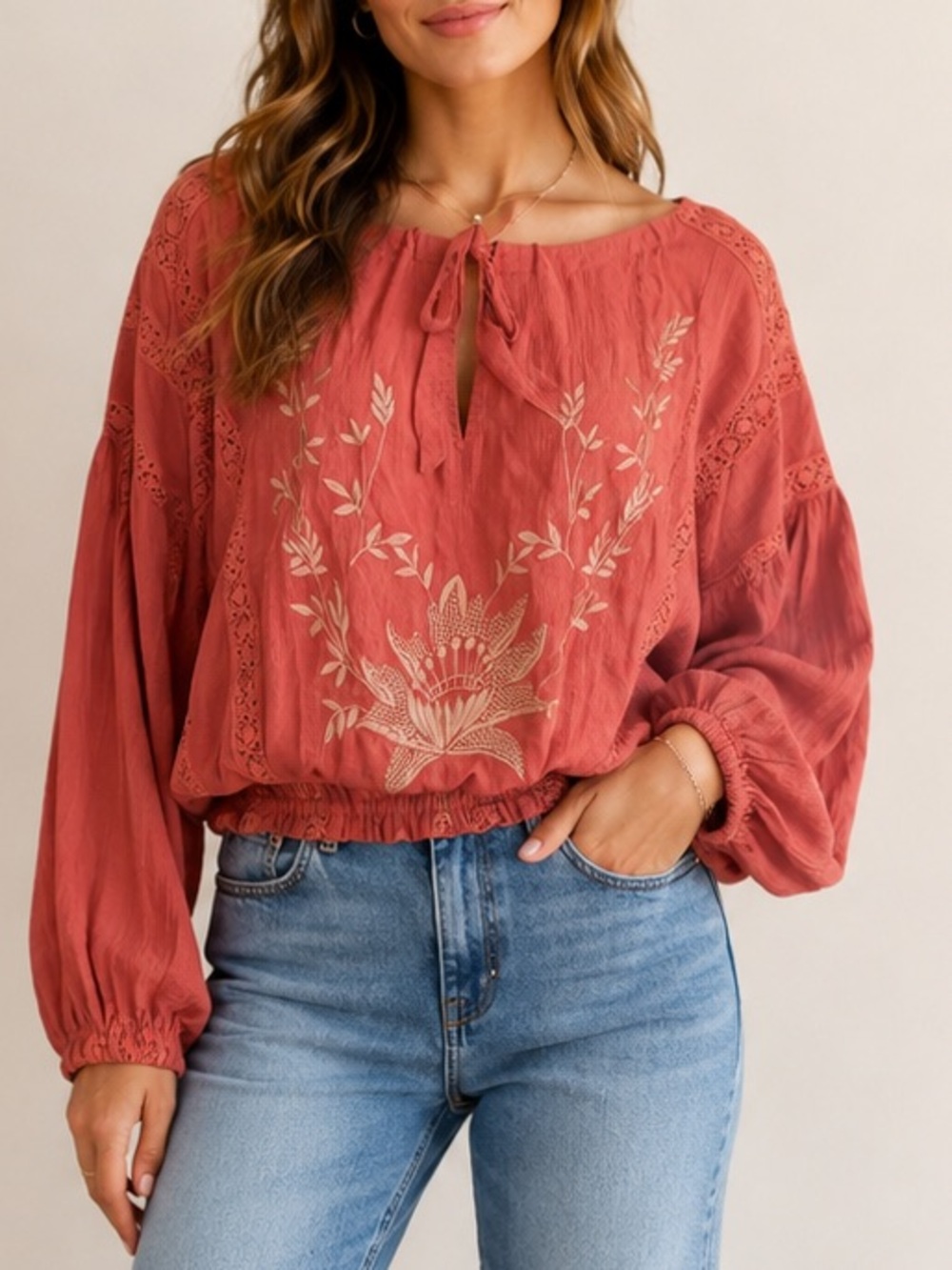 Free People Maria Maria Embroidered Lace Peasant Blouse Dusty Rose NWT Size S
